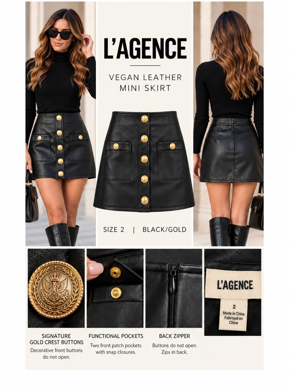 L’AGENCE Truman Vegan Leather Mini Skirt Black Gold Sz 2